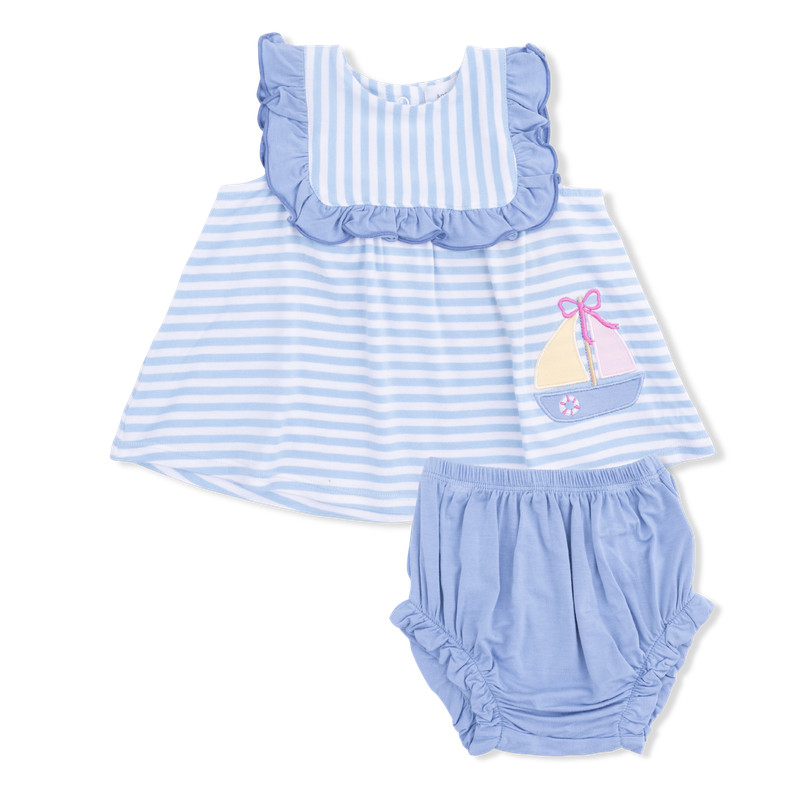 Angel Dear Bubbly Sailboat Stripe - Ruffle Top and Bloomer