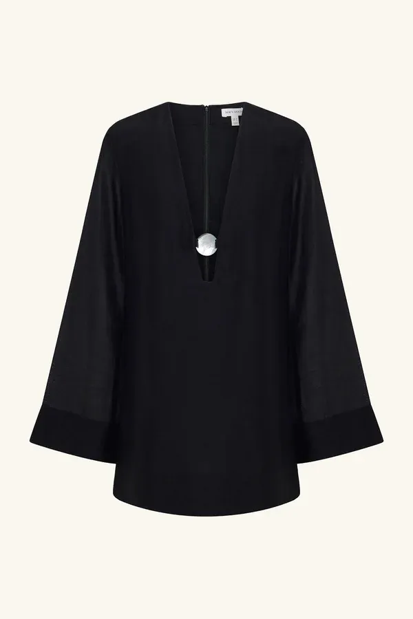 SHONA JOY PALOMA PLUNGED LONG SLEEVE MINI DRESS BLACK