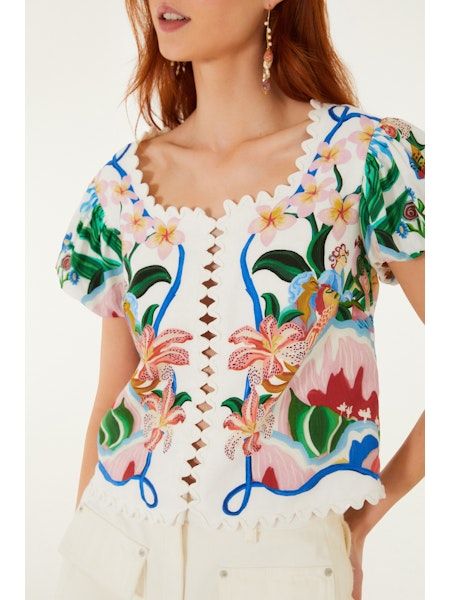FARM RIO GARDEN OF LIFE SCARF OFF-WHITE SHORT SLEEVE BLOUSE