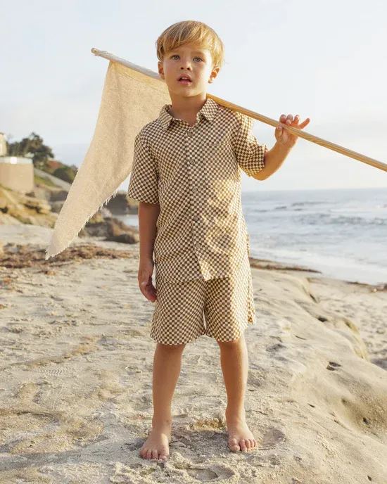 RYLEE &amp; CRU COLLARED SHORT SLEEVE SHIRT OCRE CHECK