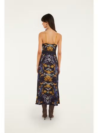 FARM RIO GOLDEN NATURE NAVY BLUE MAXI SLIP DRESS