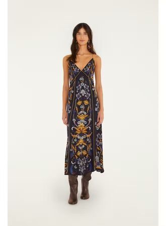 FARM RIO GOLDEN NATURE NAVY BLUE MAXI SLIP DRESS