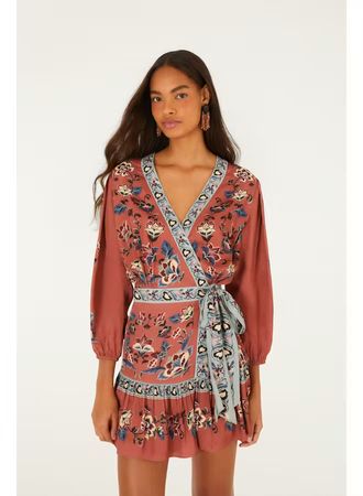 FARM RIO FLORAL BEAUTY TAPESTRY BLUSH PINK WRAP MINI DRESS