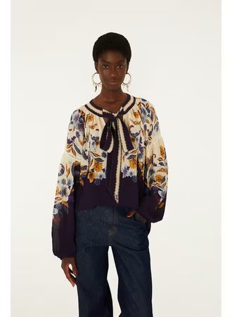 FARM RIO GOLDEN NATURE NAVY BLUE BLOUSE