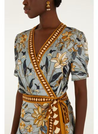 FARM RIO STAINED GLASS BEAUTY SOFT BLUE WRAP MINI DRESS