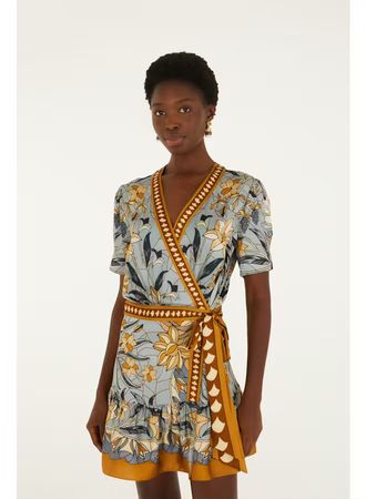 FARM RIO STAINED GLASS BEAUTY SOFT BLUE WRAP MINI DRESS