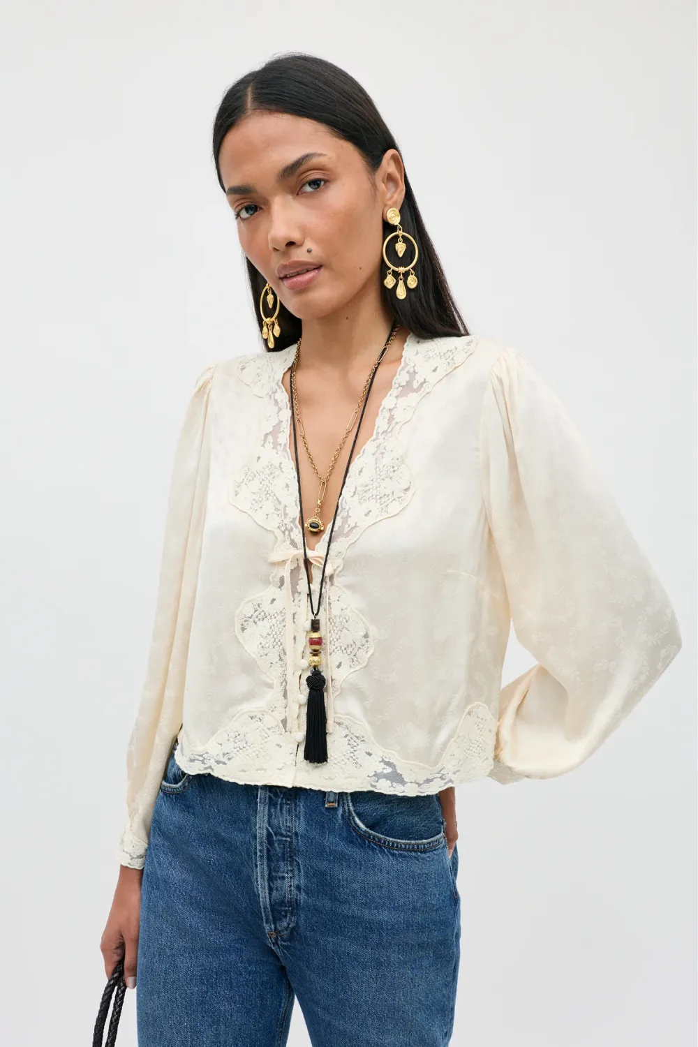 Rixo Tove Top Floral Trail Jacquard Champagne