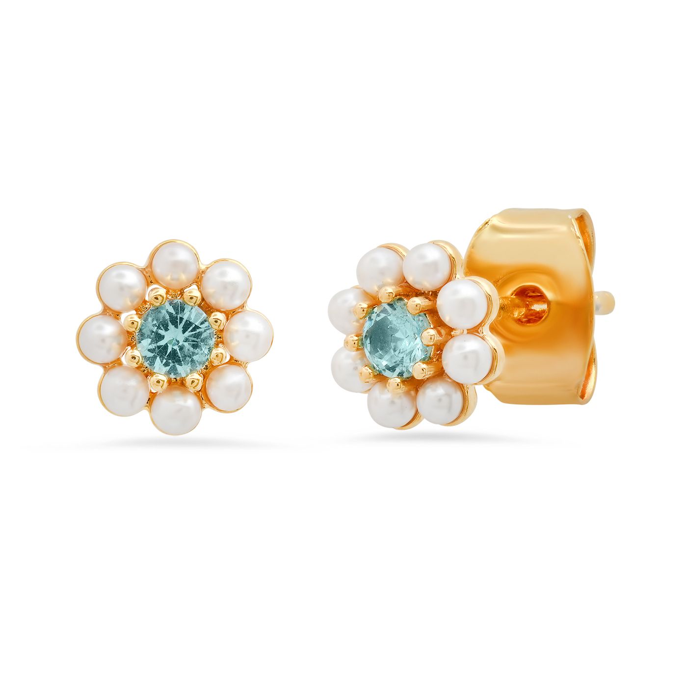 Tai Pearl Flower Studs with Blue Center Stone Gold
