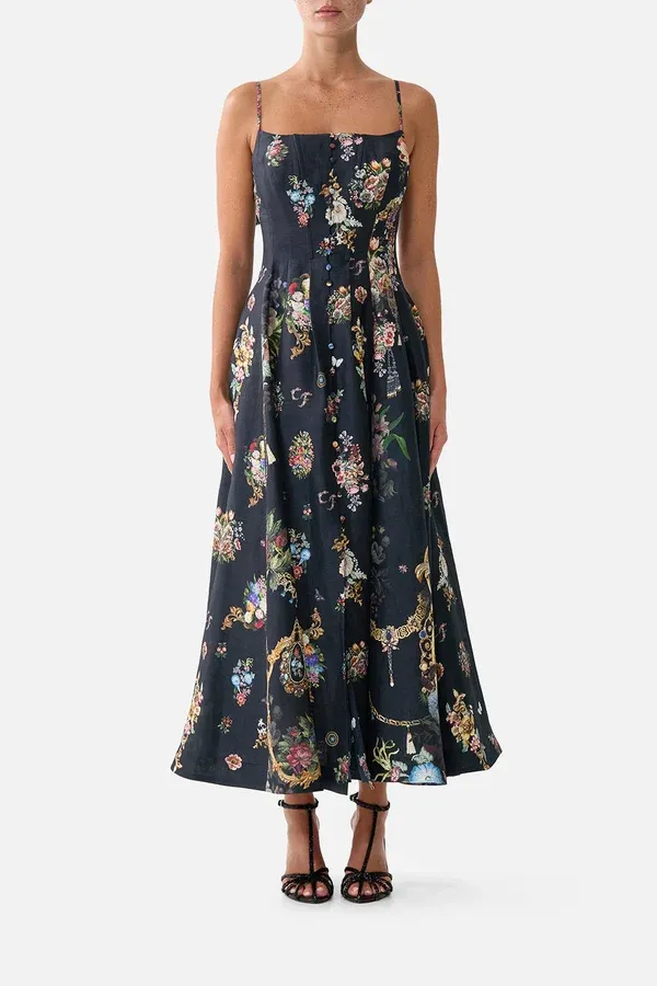 CAMILLA CORSET DRESS WITH LONG FLARED SKIRT NIGHT GARDEN