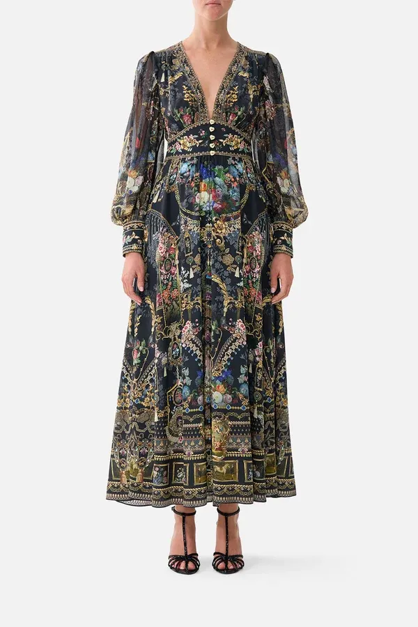 CAMILLA SHAPED WAISTBAND DRESS WITH GATHERED SLEEVES NIGHT GARDEN