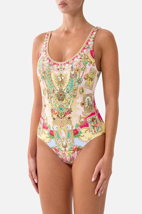 CAMILLA WIDE STRAP ROUND NECK ONE PIECE W LOW BACK PAINTED PRAYERS