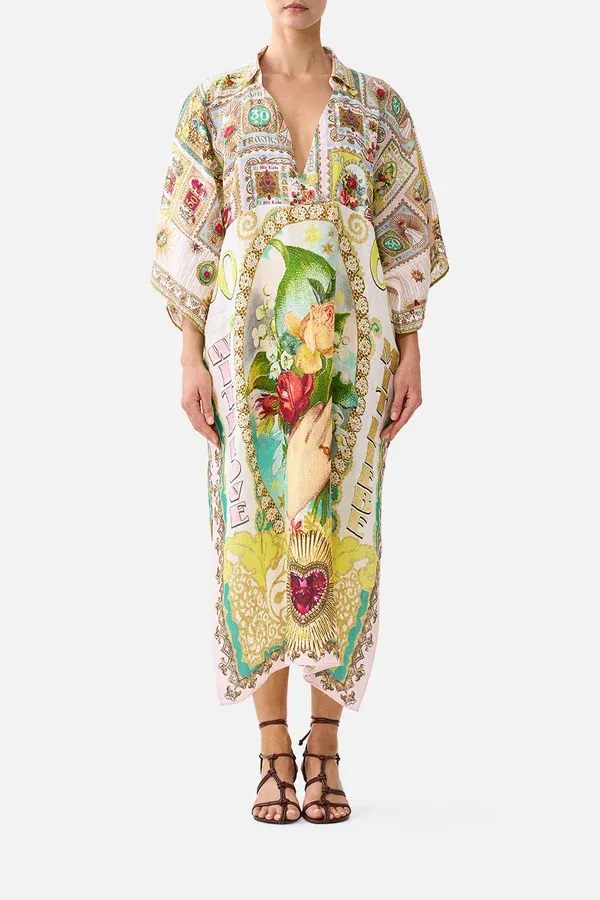 CAMILLA DEEP V NECK KAFTAN WITH CURVED SEAM PAINTED PRAYERS
