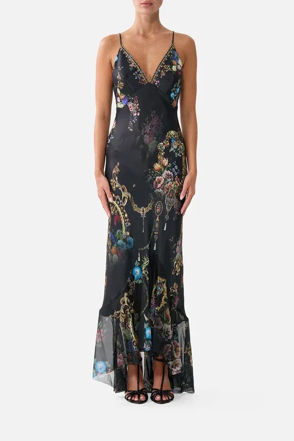 CAMILLA V NECK SLIP DRESS WITH FLOUNCE HEM NIGHT GARDEN