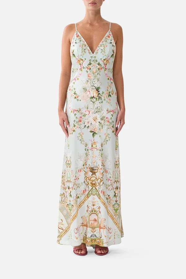 CAMILLA V NECK BIAS SLIP DRESS WITH BACK FRILL WILDFLOWER WUNDERLAND