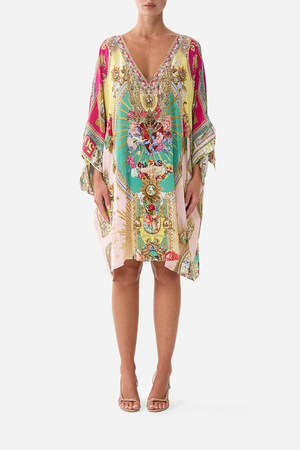 CAMILLA TIE SLEEVE SHORT V NECK KAFTAN PAINTED PRAYERS