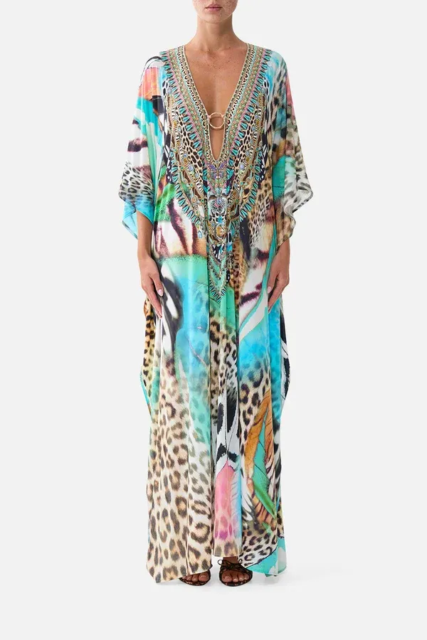 CAMILLA LONG V NECK KAFTAN W RING FRONT TRIM BUTTERFLY BOHEMIA