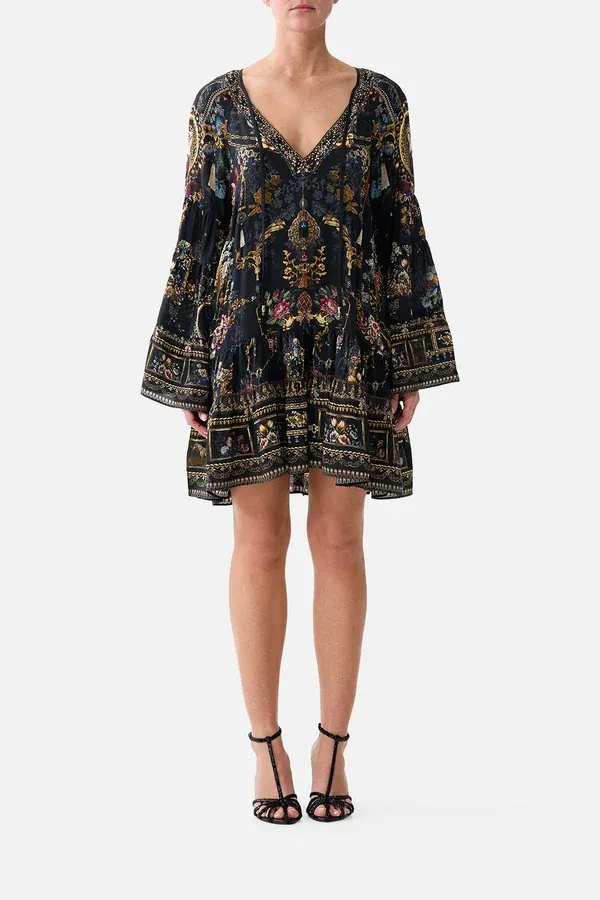 CAMILLA A-LINE GATHERED PANEL DRESS NIGHT GARDEN