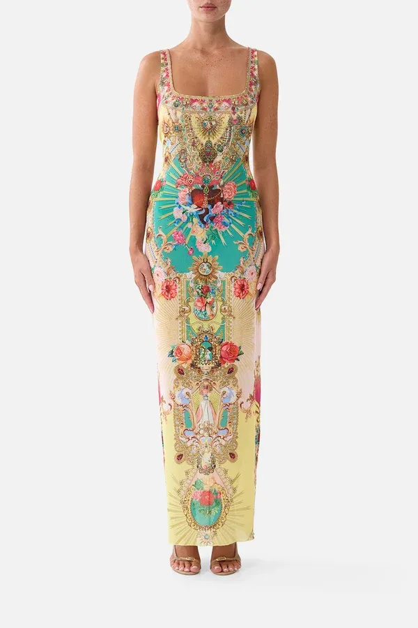 CAMILLA SQUARE NECK BEACH MAXI DRESS W LOW BACK PAINTED PRAYERS