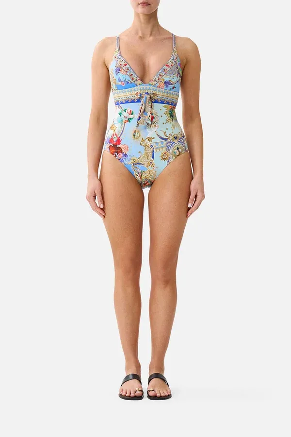 CAMILLA HIGH TRI ONE PIECE W EYELET TIE FRONT TRIM VERSES IN VINTAGE