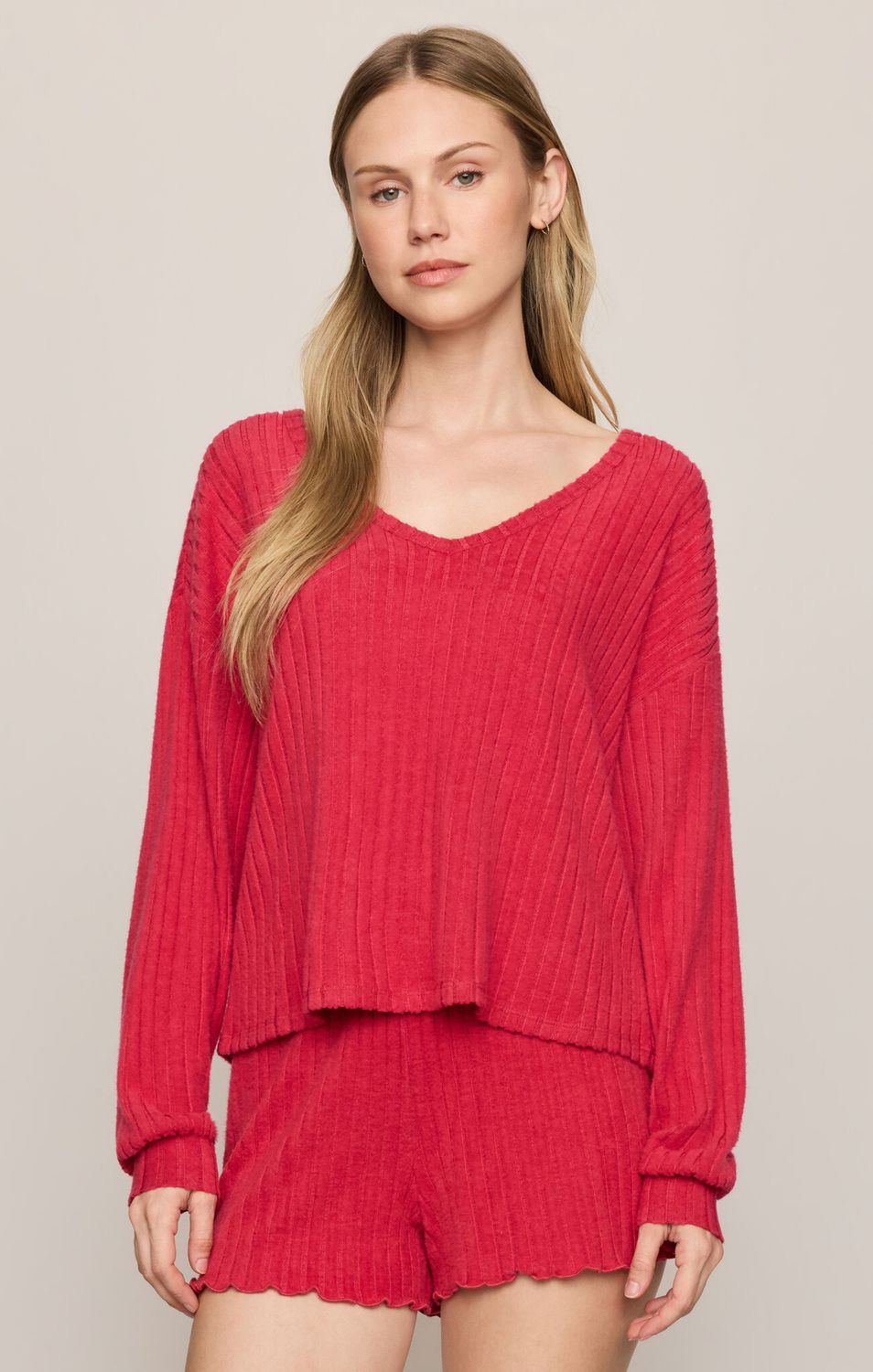 Z Supply Daydreamer Soft V LS Top Ruby Red