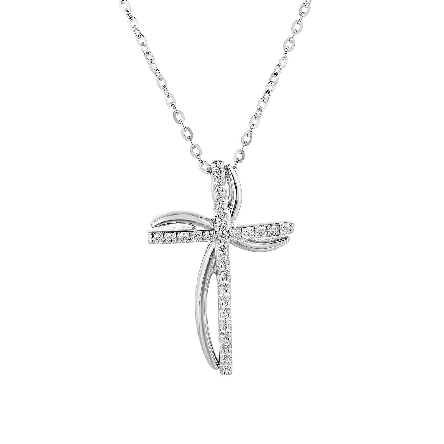 14K White/Yellow Gold Cross Natural Diamond  Pendant Necklace MZ10067, Colour: White