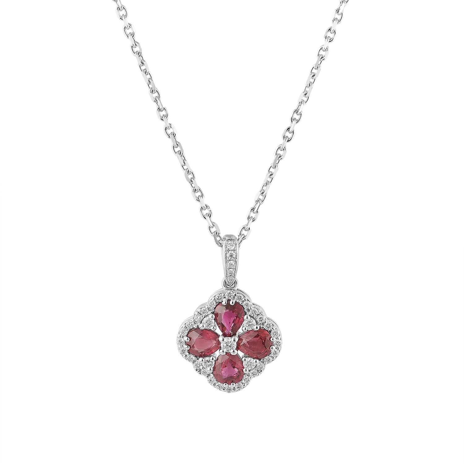 MZ9442 14K White Gold Natural Pear Shape Ruby  Natural Diamond Necklace
