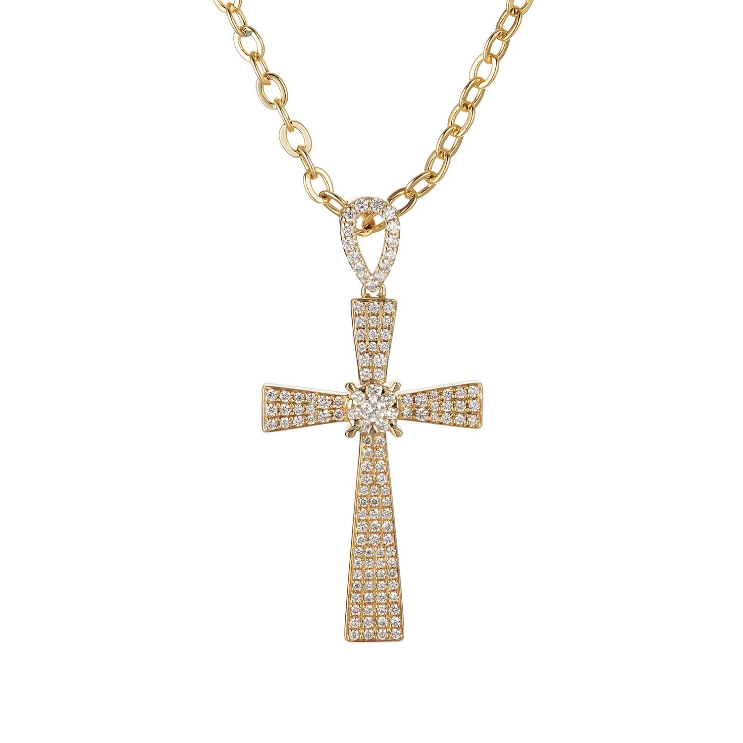 14K White/Yellow Gold Cross Natural Diamond  Pendant  MZ7755, Colour: 14K Yellow-3.85g-0.525ct-ND
