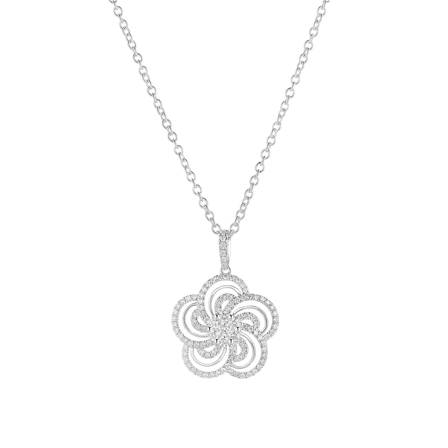 14K White Gold Flower Natural Diamond  Pendant Necklace MZ9351