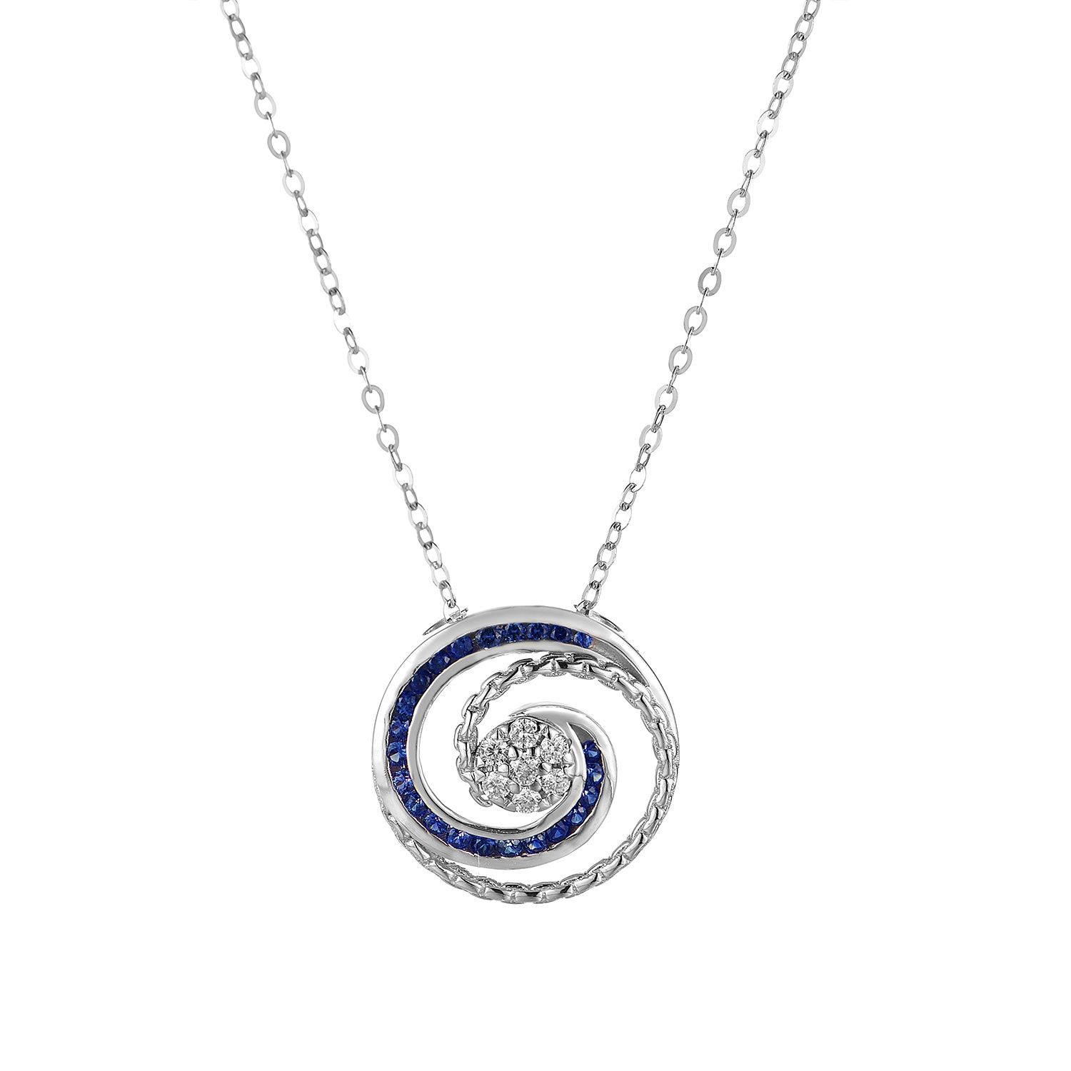 14K White Gold Sapphire Natural Diamond  Pendant Necklace MZ10051