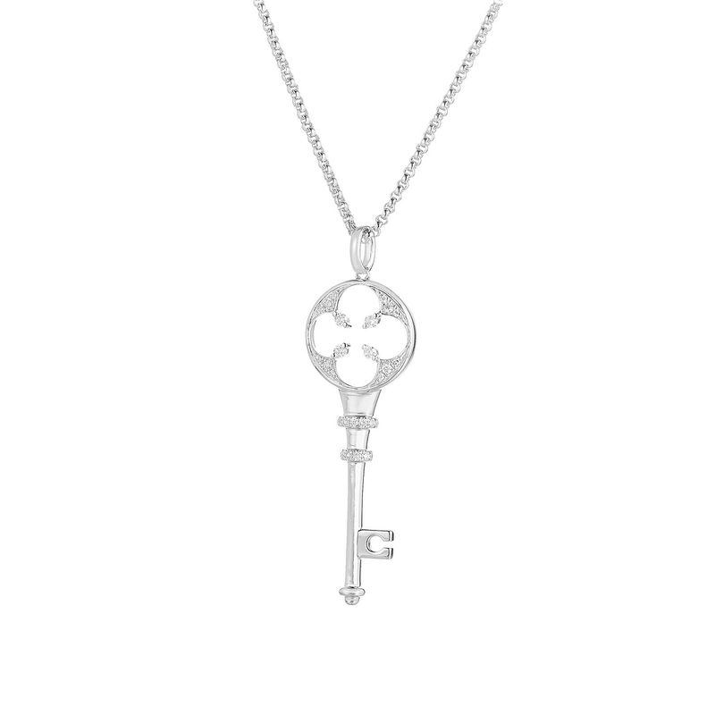 14K White Gold Round Natural Diamond Key Shape Pendant Necklace MZ9348