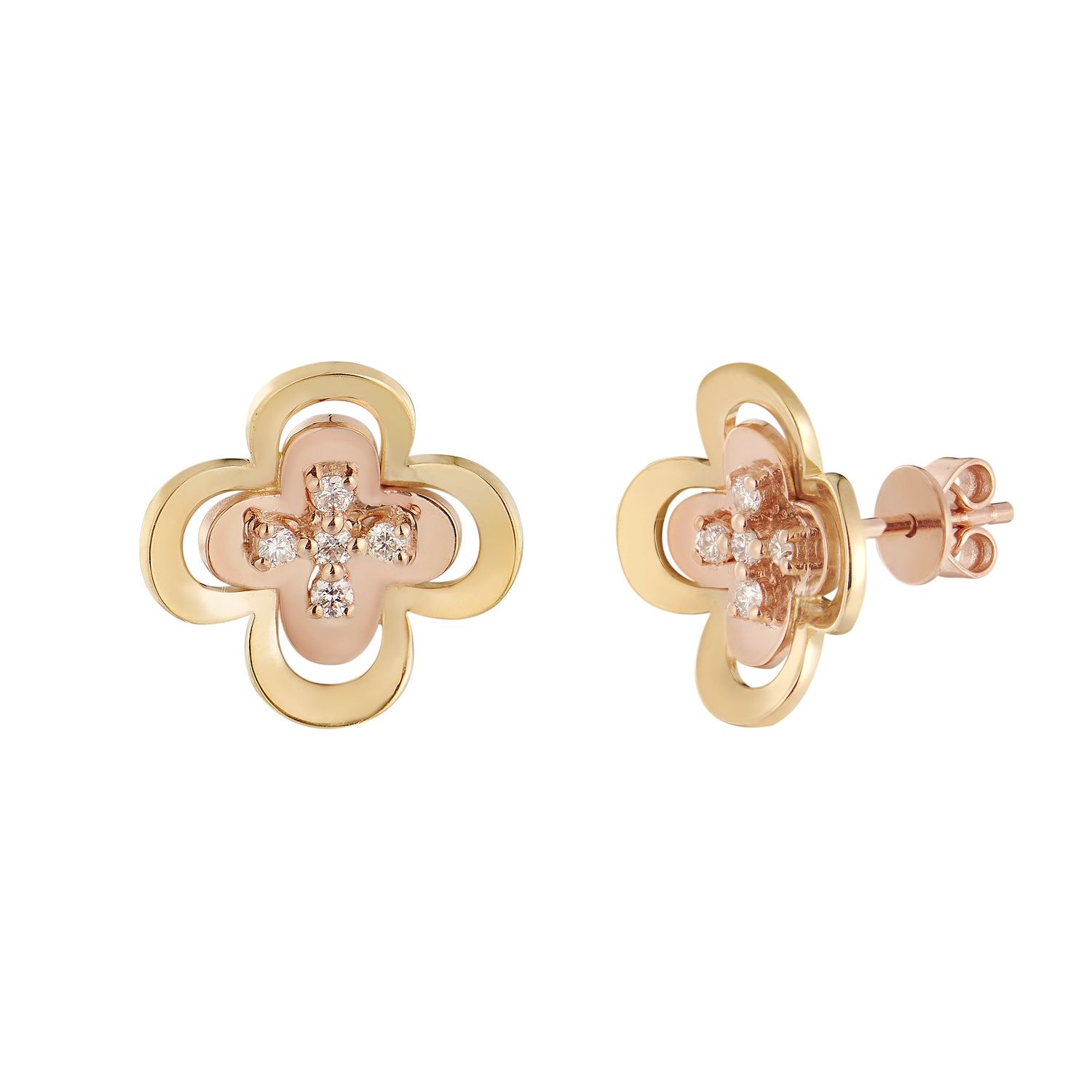 14K Two Tone Gold Natural Diamond  Round Stud Earrings MZ10293, Colour: 14KYellow+Rose-2.85g-0.126ct-ND