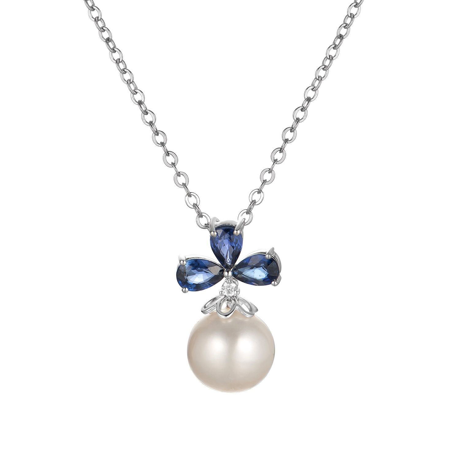 14K White Gold Pearl Sapphire Natural Diamond Necklace  MZ9433