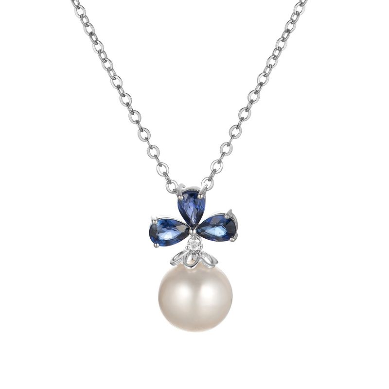 14K White Gold Pearl Sapphire Natural Diamond Necklace  MZ9433