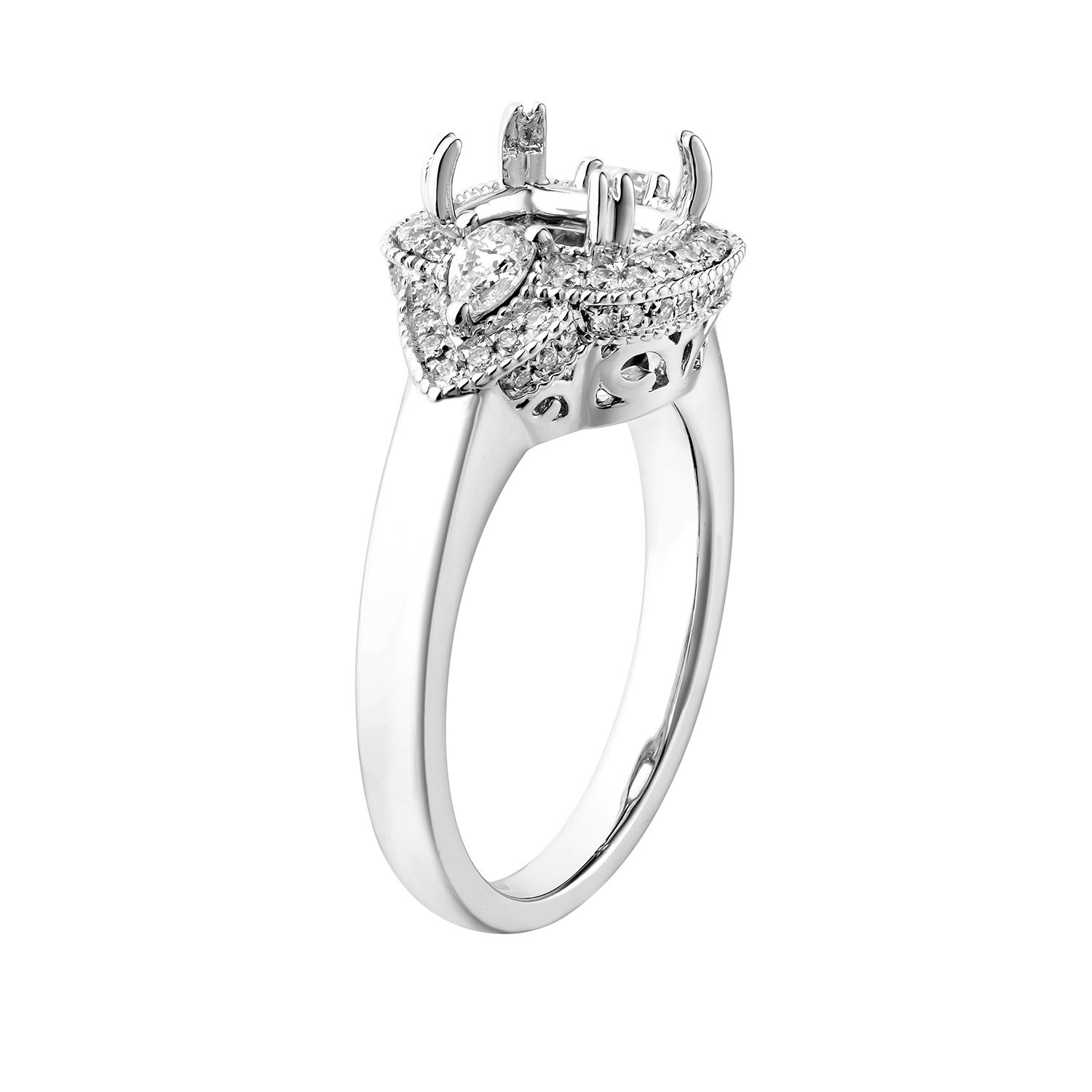 14K White Gold Three Stone Halo Natural Diamond Engagement Ring MZ7432