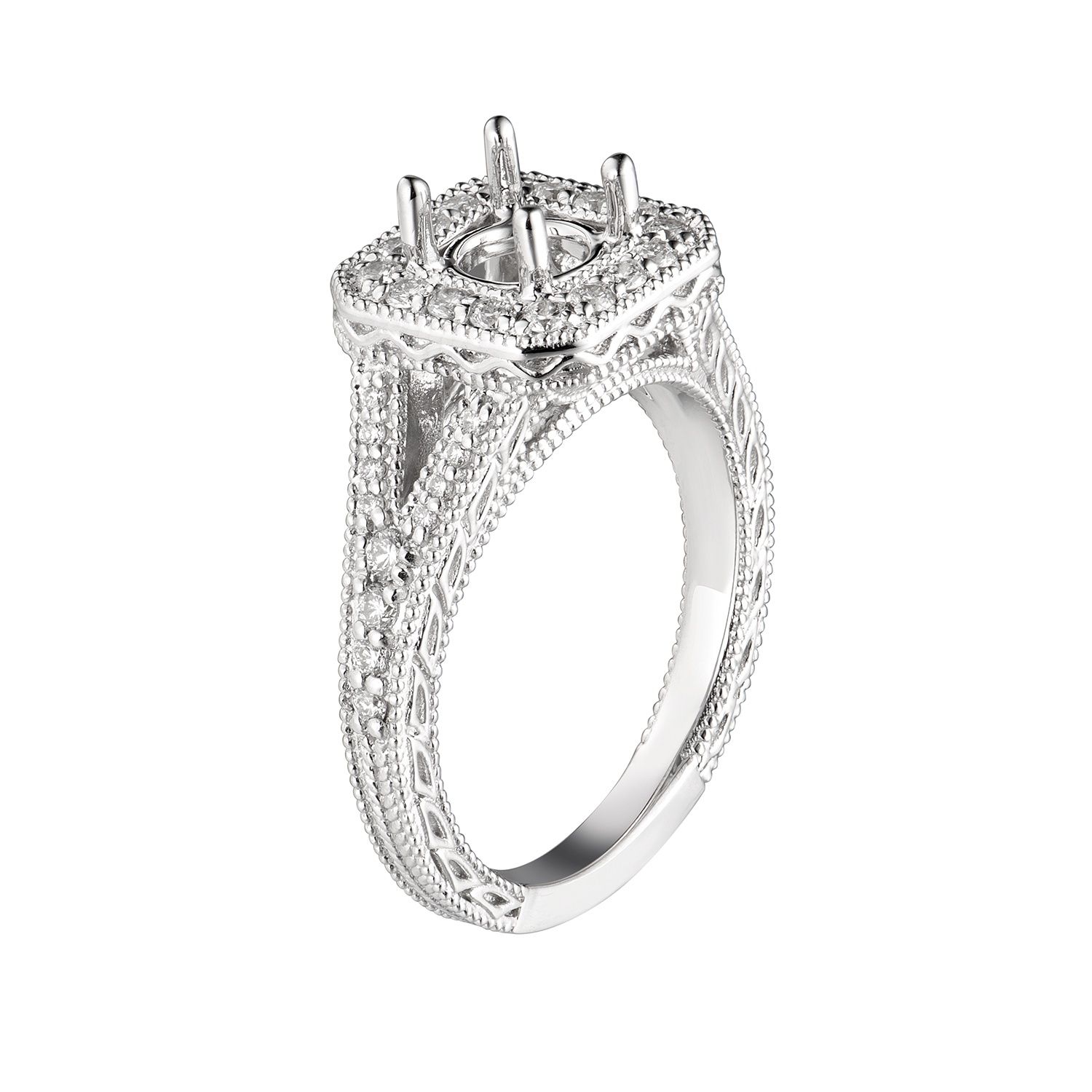 14K White Gold Cushion Halo Vintage Natural Diamond  Engagement Ring MZ7125 Natural Diamond