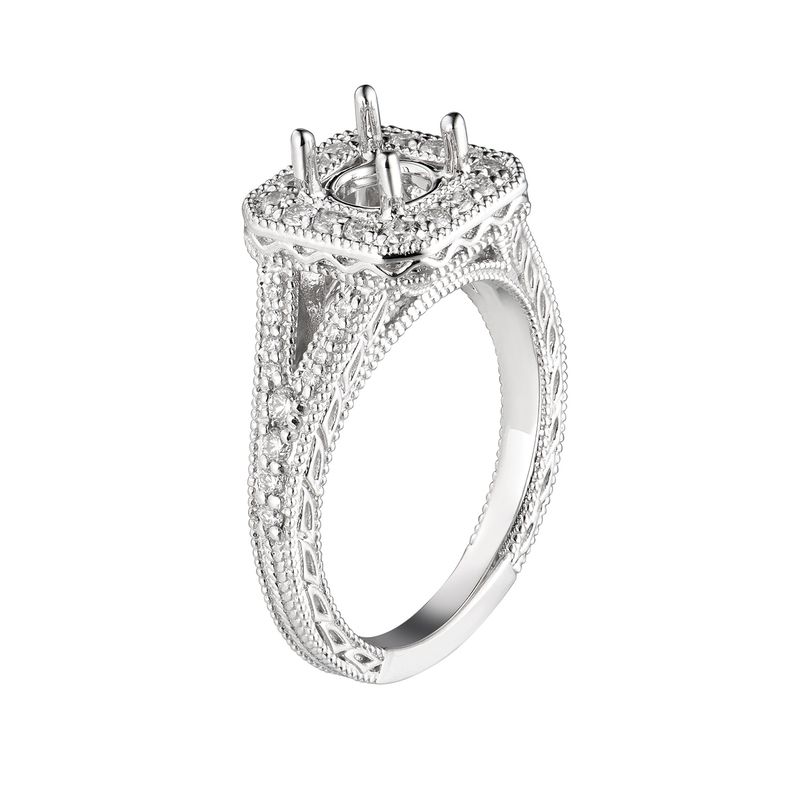 14K White Gold Cushion Halo Vintage Natural Diamond  Engagement Ring MZ7125 Natural Diamond