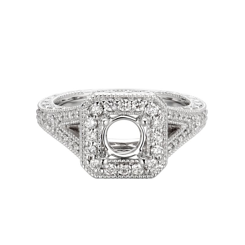 14K White Gold Cushion Halo Vintage Natural Diamond  Engagement Ring MZ7125 Natural Diamond