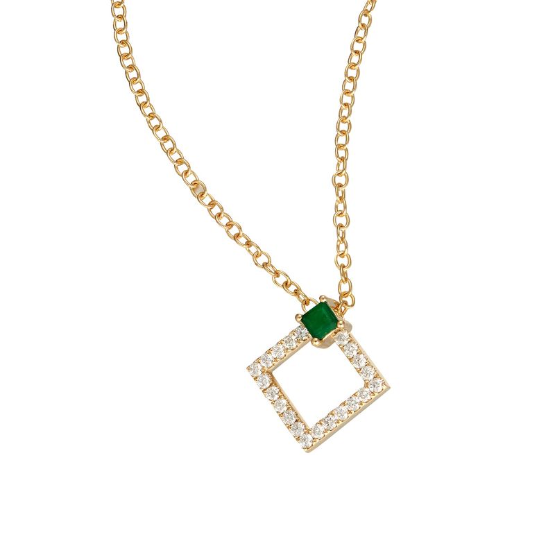 14K Yellow Gold Natural Emerald &amp; Diamond Square Pendant MZ61363