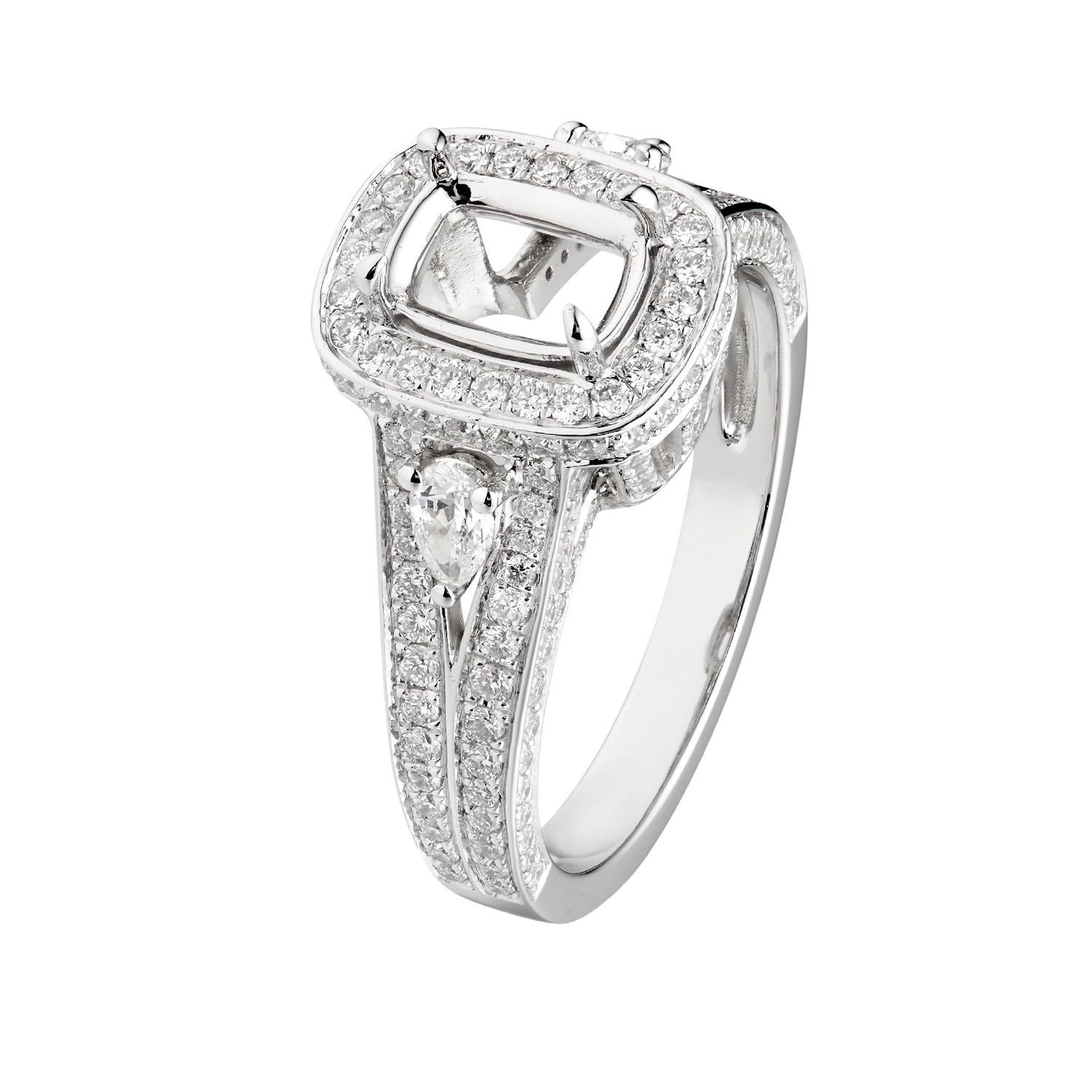 14K White Gold Cushion Halo Four Prongs Split Shank Pear Round Stone Engagement Ring MZ1752 Natural Diamond