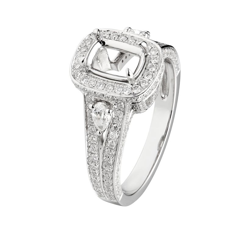 14K White Gold Cushion Halo Four Prongs Split Shank Pear Round Stone Engagement Ring MZ1752 Natural Diamond