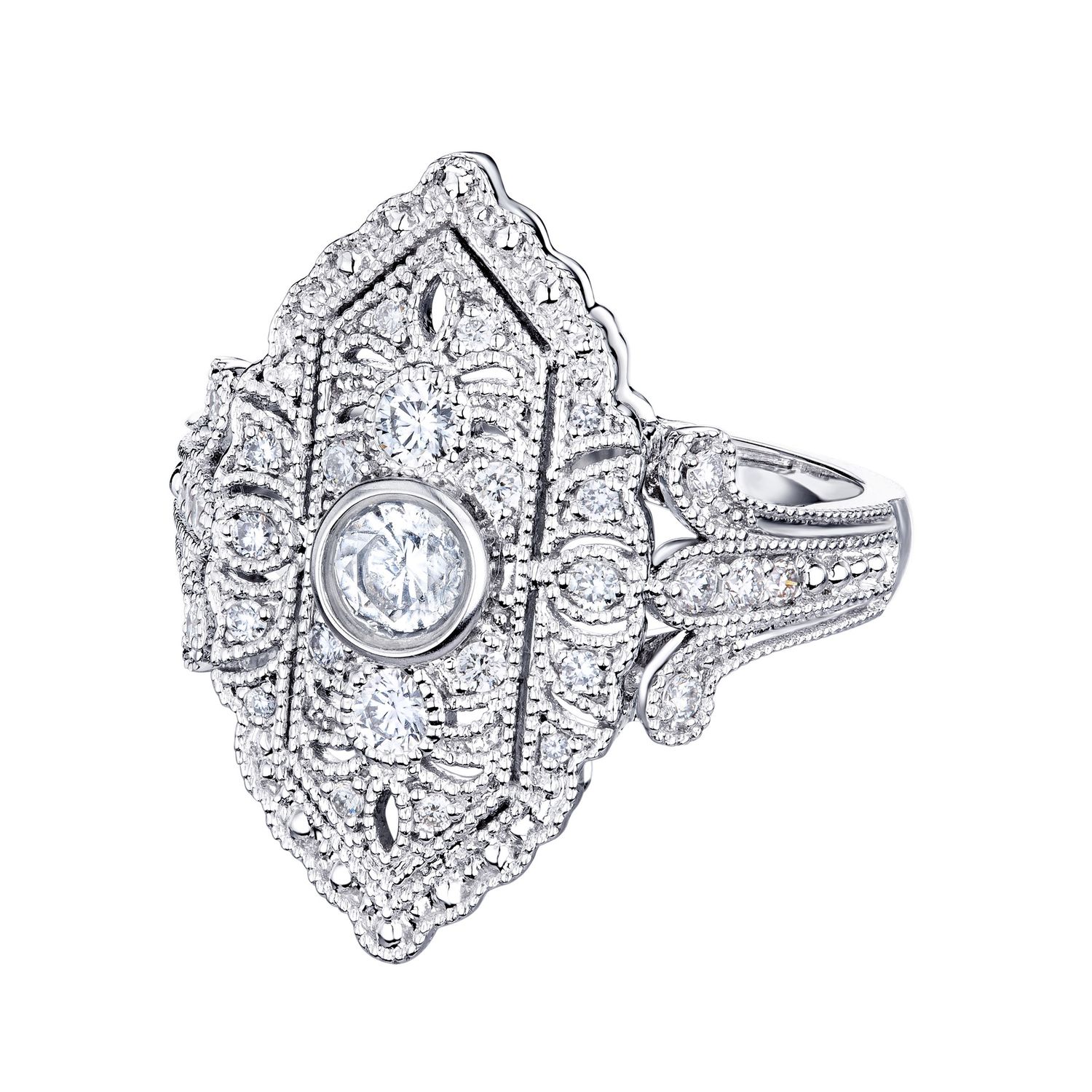 14K White Gold Natural Diamond Engrave Pattern Milgrain Engagement Ring MZ1470