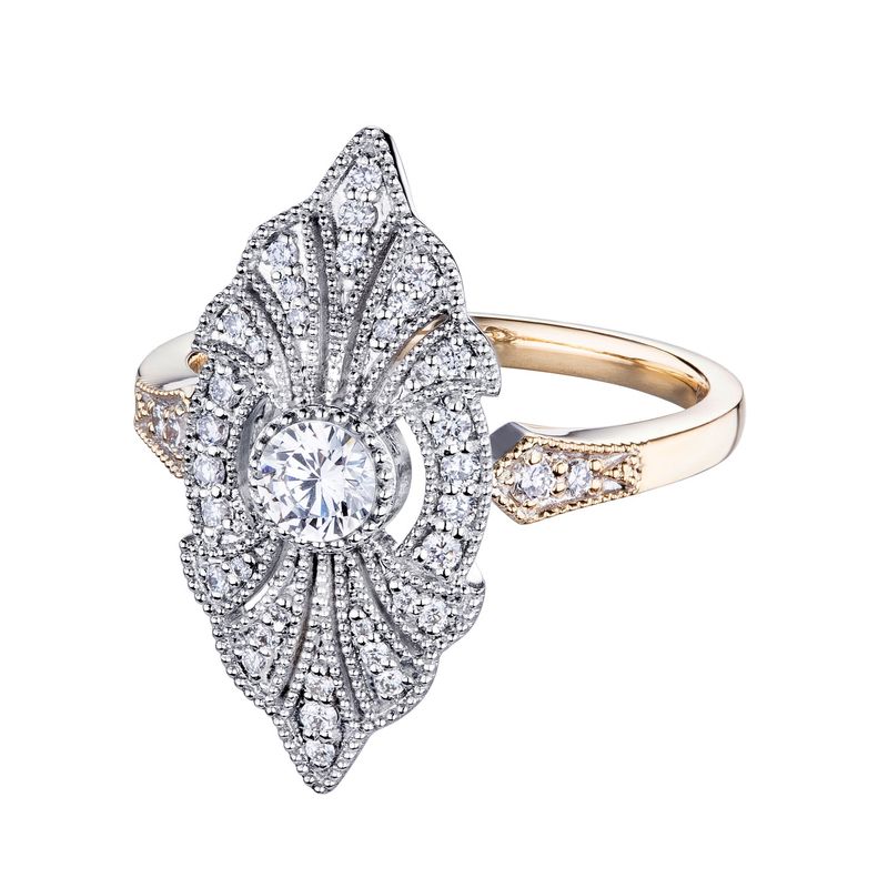 14K White And Yellow Gold Natural Diamond Engrave Pattern Milgrain Engagement Ring MZ1466