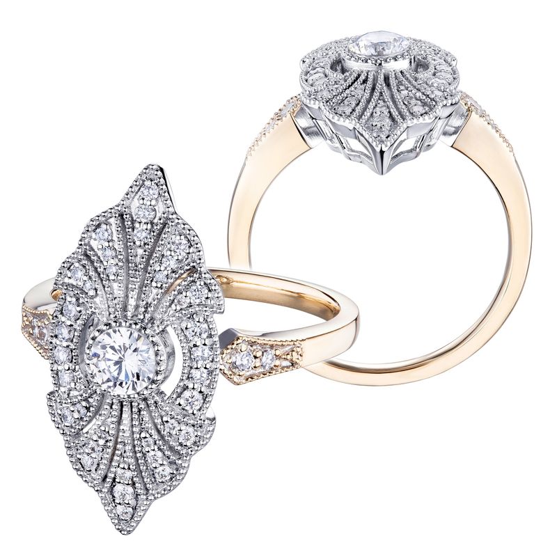 14K White And Yellow Gold Natural Diamond Engrave Pattern Milgrain Engagement Ring MZ1466
