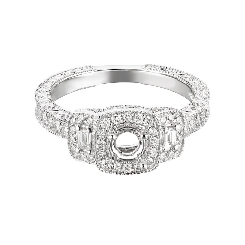 14K White Gold Three Stone Halo Natural Diamond Engagement Ring MZ5638