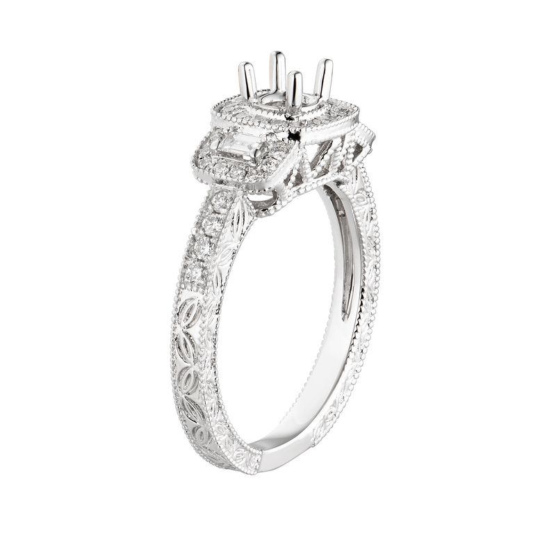 14K White Gold Three Stone Halo Natural Diamond Engagement Ring MZ5638