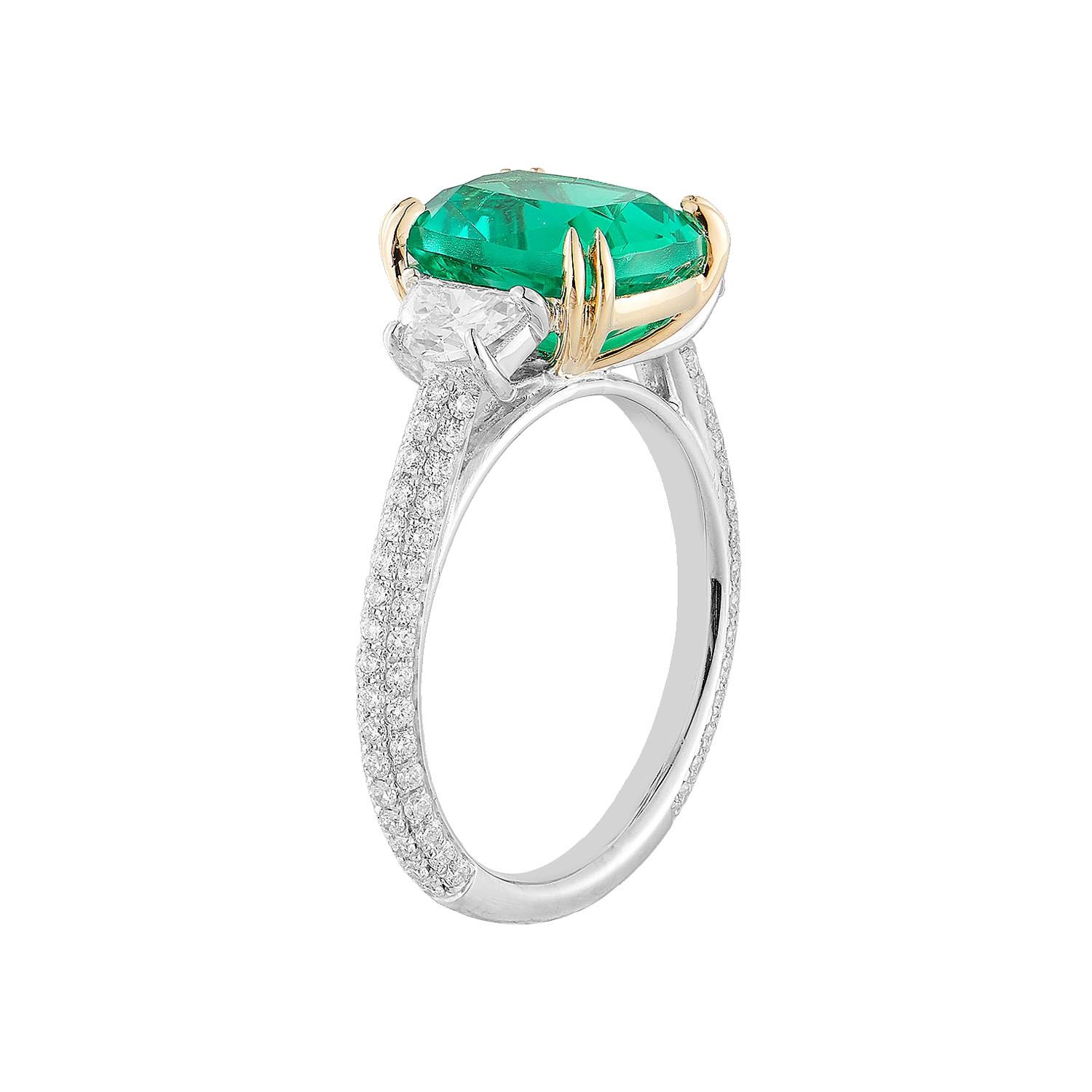 14K White Gold&amp; 14K Yellow Gold Cushion Emerald Lab Grown Diamond Engagement Ring Three Stone -YJ022