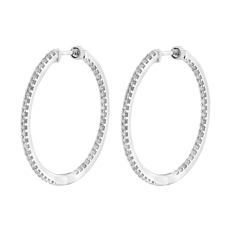 14K White Gold Round Natural Diamond  Hoop Earrings GP7