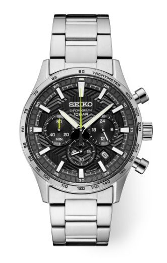 Seiko Essential Chronograph Stainless Steel Bracelet Black Dial Men Watch SSB413