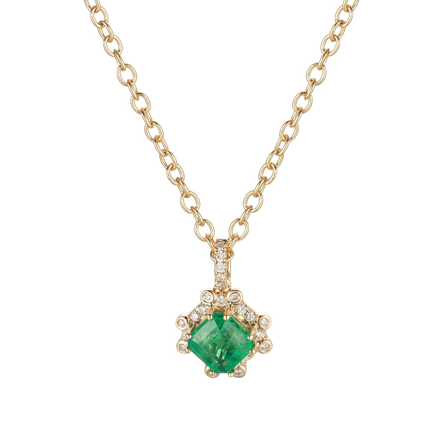 14K Yellow Gold Fancy Halo Emerald Pendant Necklace Gemstone Pendant MZ71084 Natural Diamond