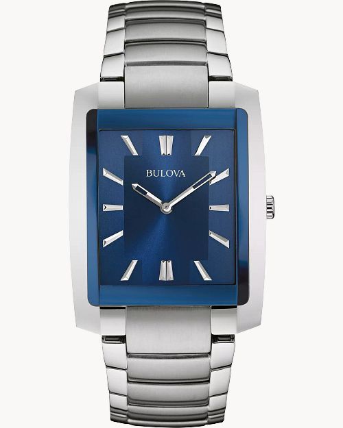 Bulova Classic Men&#39;s Square Blue Dial Classic Stainless Steel Watch 96A169